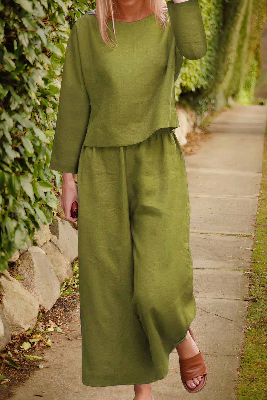 Linnen blouse en broek set - luchtige stof, elegante stijl, diverse kleuren, comfortabele pasvorm, damesmode.