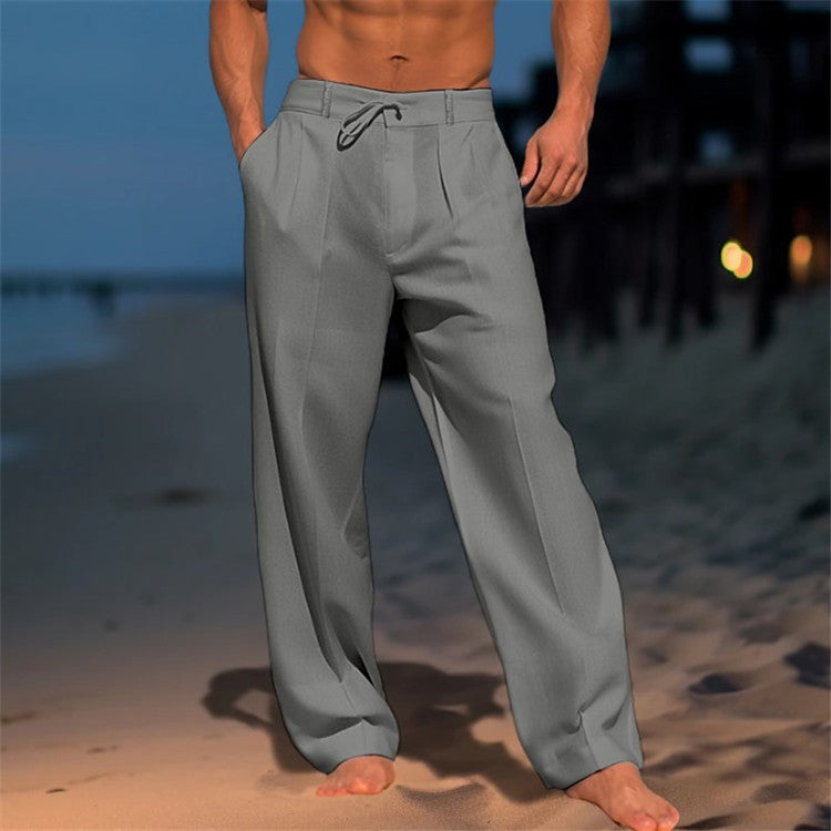 Linnen herenbroek, relaxed fit, lichtblauw met trekkoord, ontspannen pasvorm. Perfecte zomerbroek voor comfort en stijl.