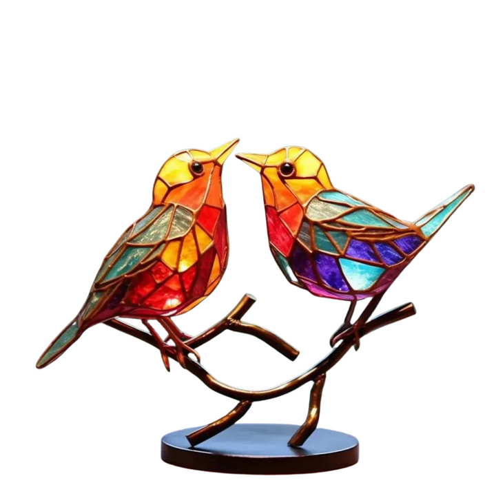 Twee kleurrijke mozaïekvogels op tak, decoratief beeld 'Liefde' voor interieur