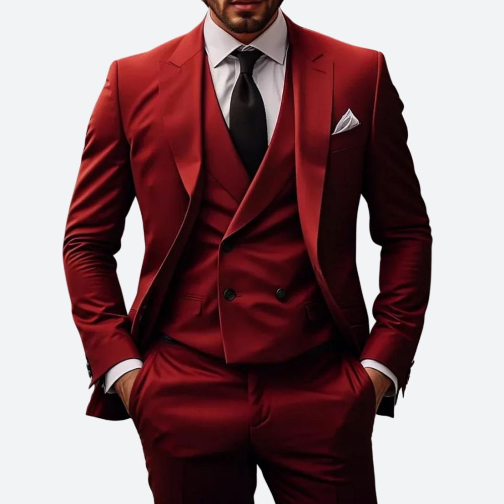 Chique rood Luca kostuum voor mannen, compleet met vest en pantalon