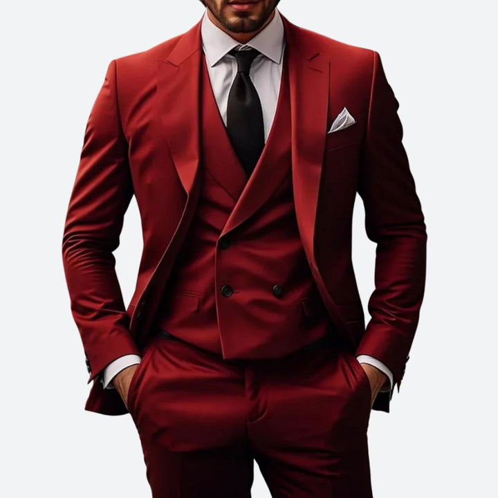 Chique rood Luca kostuum voor mannen, compleet met vest en pantalon
