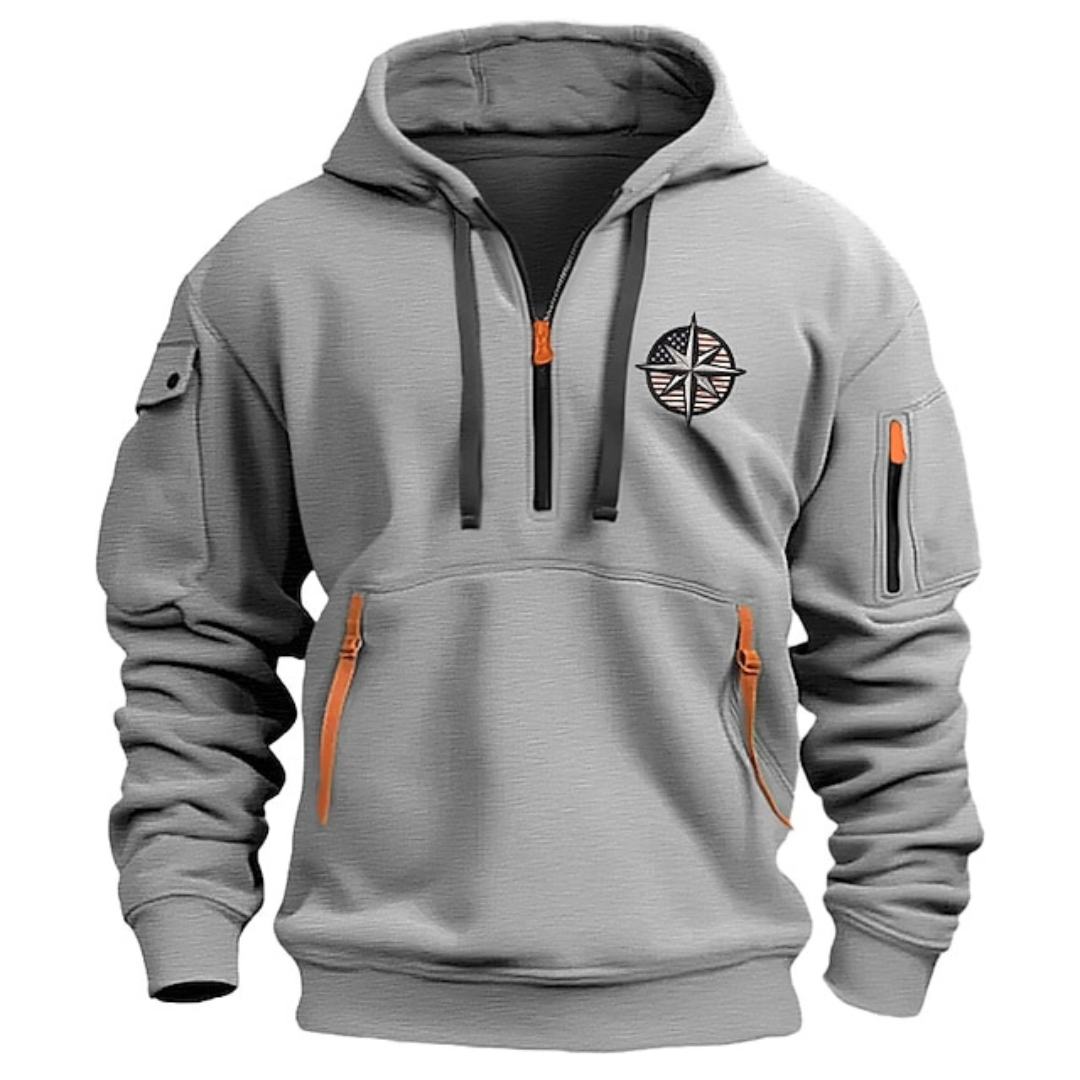Grijze heren hoodie met halve rits en kompasprint