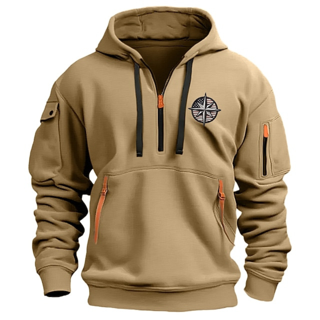 Khaki heren hoodie met capuchon en praktische zakken