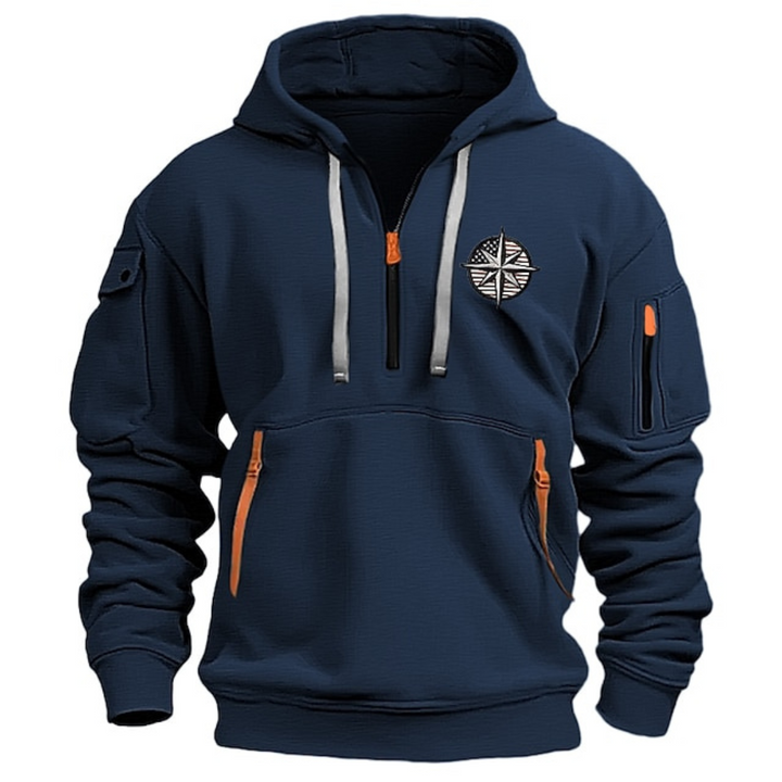 Marineblauwe heren hoodie met moderne details en regular fit