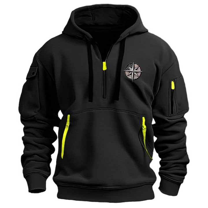 Comfortabele heren hoodie met halve rits en stoere kompasprint in casual mode stijl