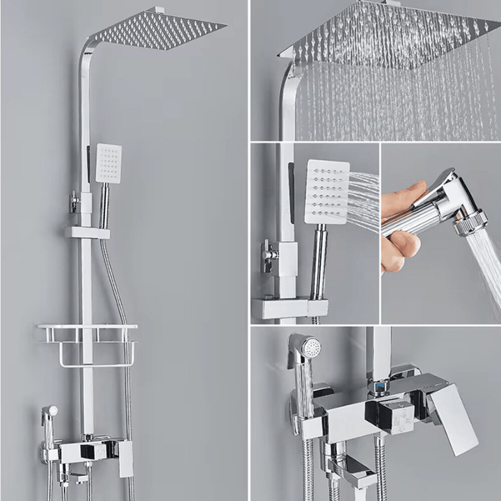 "Luxe AquaFlow doucheset met messing mengkraan en regen douchekop, glimmende chroomafwerking, elegant ontwerp."
