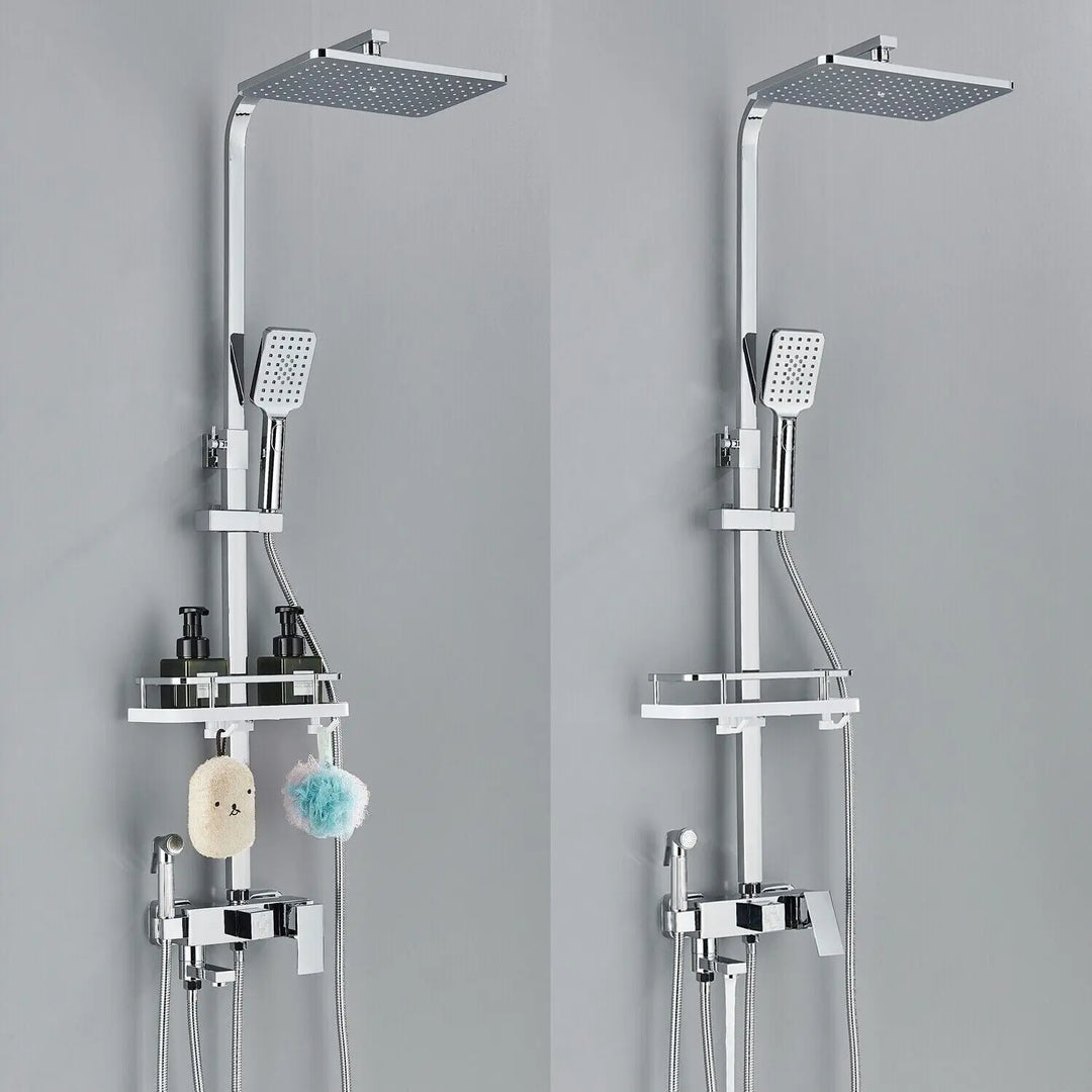 "Luxe AquaFlow doucheset met messing mengkraan en regen douchekop, glimmende chroomafwerking, elegant ontwerp."