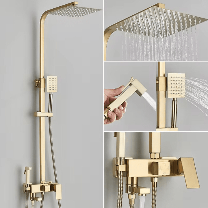 "Luxe AquaFlow doucheset met messing mengkraan en regen douchekop, glimmende chroomafwerking, elegant ontwerp."
