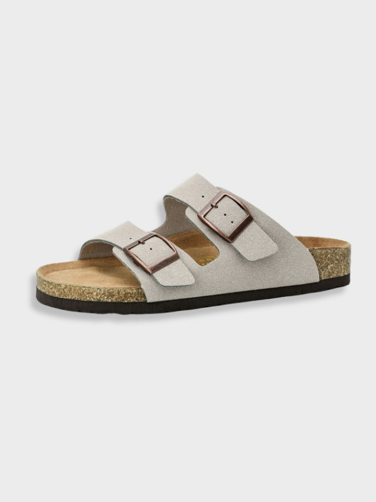 "Luxe Arizona-stijl herenslippers, grijs, dubbele banden, hoogwaardig voetbed, stijlvolle keuze voor comfort en elegantie."