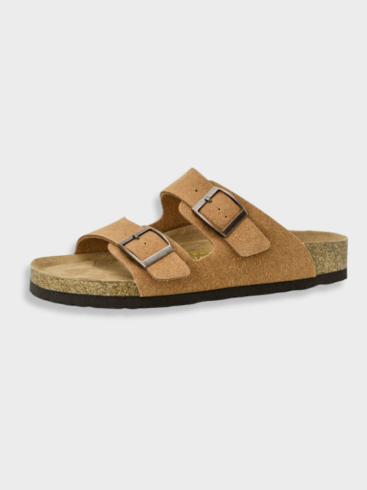 "Luxe Arizona-stijl herenslippers, grijs, dubbele banden, hoogwaardig voetbed, stijlvolle keuze voor comfort en elegantie."
