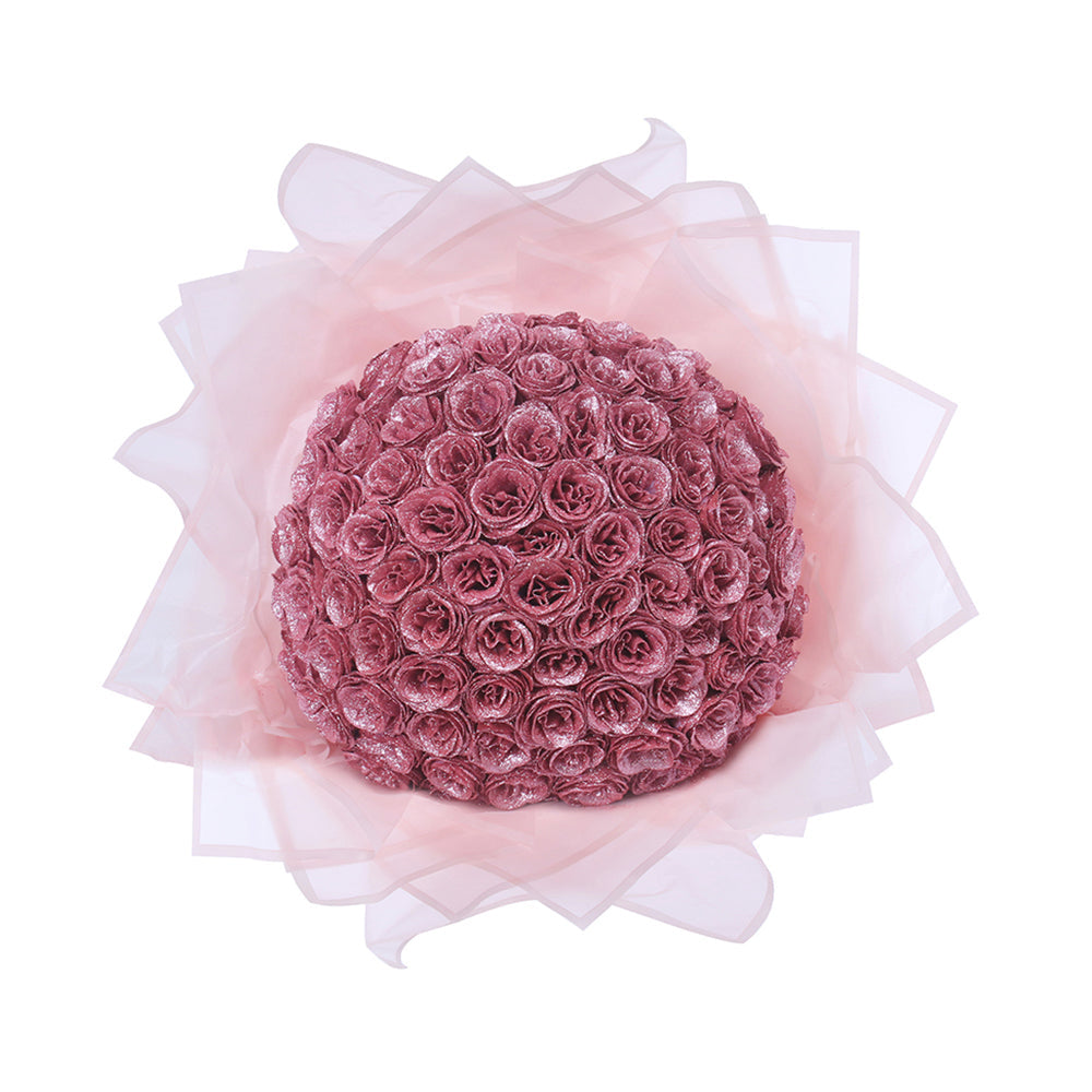 "Luxe glitter rozen boeket, eeuwige charme in rood, blauw, roze; tijdloze schoonheid zonder onderhoud. Perfect cadeau."