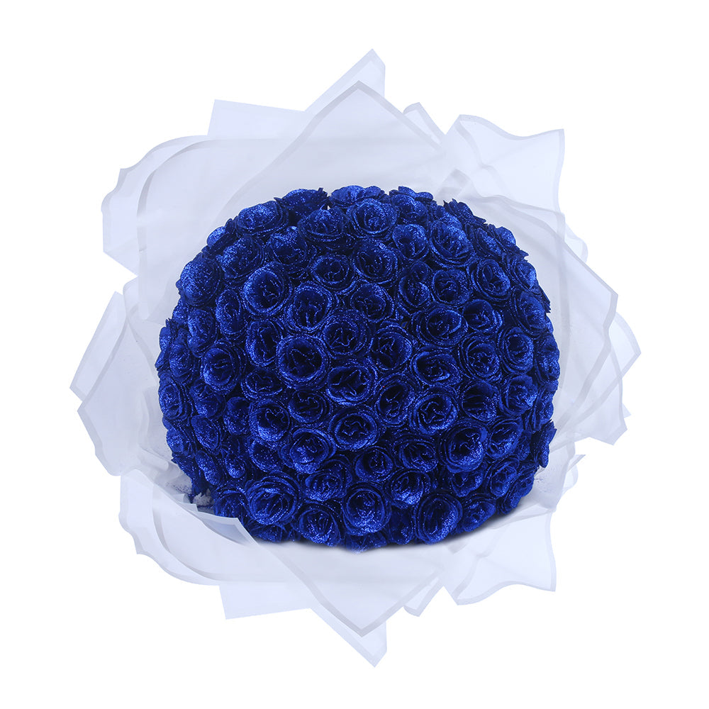 "Luxe glitter rozen boeket, eeuwige charme in rood, blauw, roze; tijdloze schoonheid zonder onderhoud. Perfect cadeau."