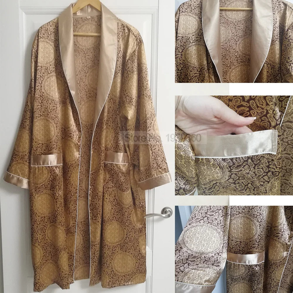 "Luxe heren kimono, satijnen stof, oosters design, elegante uitstraling met glanzend, gebloemd patroon, comfortabele pasvorm.