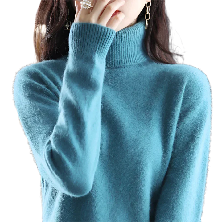 "Luxe kasjmier coltrui voor dames, elegant ontwerp, 100% kasjmier, avocadogroen, herfst-winter, warm en stijlvol."