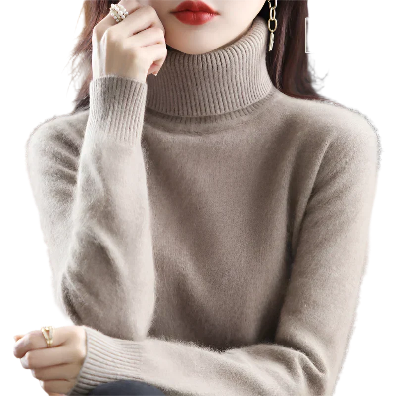 "Luxe kasjmier coltrui voor dames, elegant ontwerp, 100% kasjmier, avocadogroen, herfst-winter, warm en stijlvol."