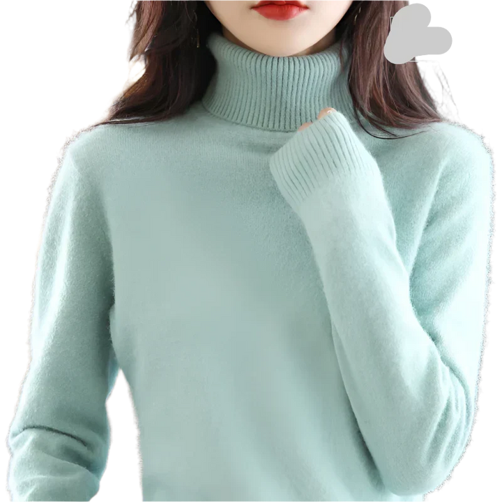 "Luxe kasjmier coltrui voor dames, elegant ontwerp, 100% kasjmier, avocadogroen, herfst-winter, warm en stijlvol."