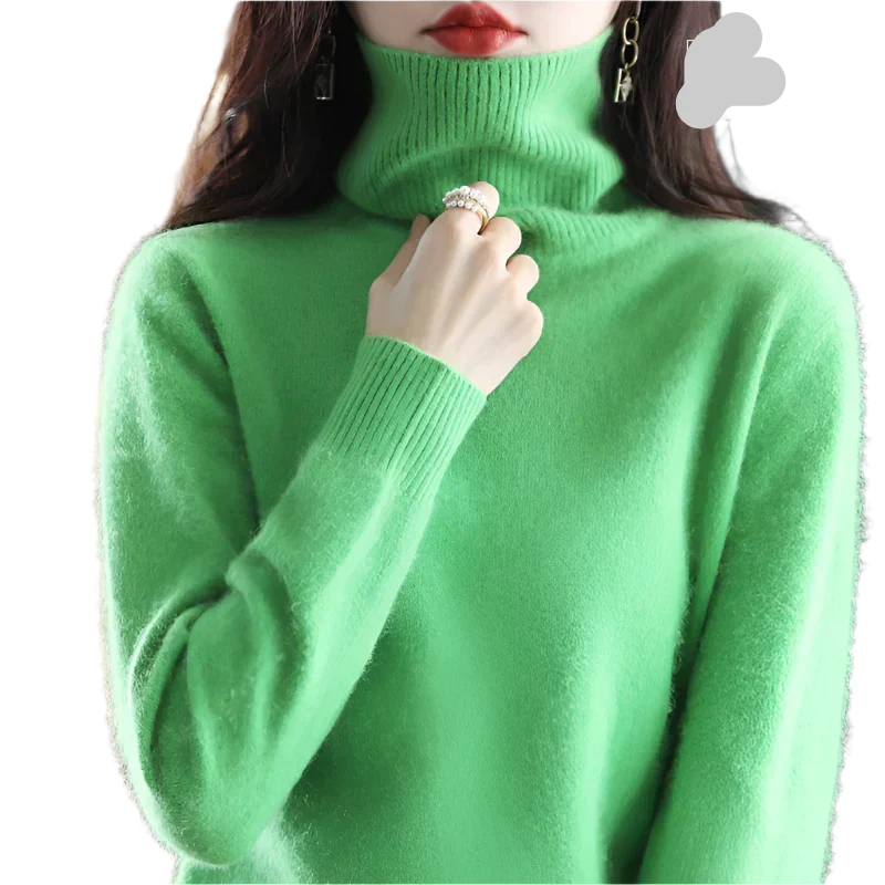 "Luxe kasjmier coltrui voor dames, elegant ontwerp, 100% kasjmier, avocadogroen, herfst-winter, warm en stijlvol."