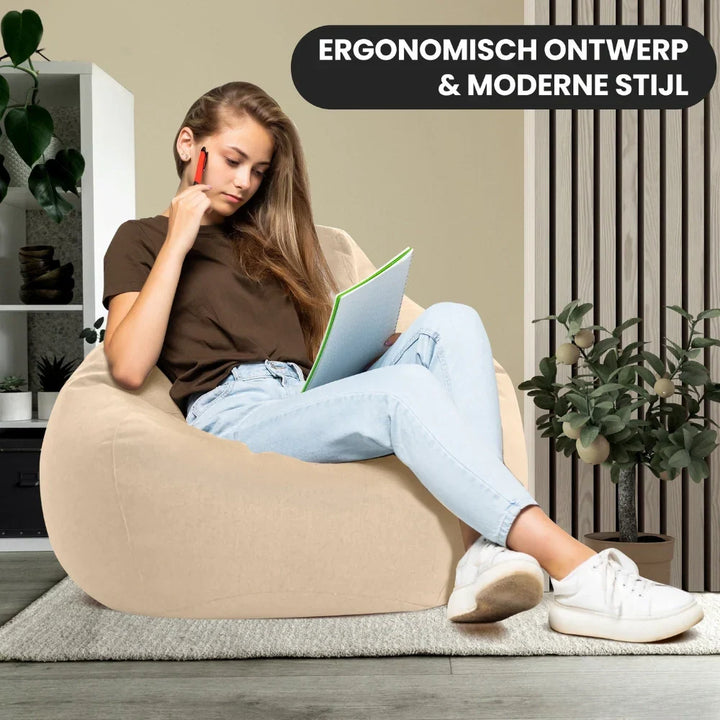 "Luxe linnen zitzak met vulling, ergonomisch, comfortabel, stijlvolle afwerking, voor woonkamer of slaapkamer inrichting."