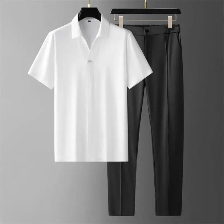 "Luxe tweedelige herenset, katoen-linnen, stijlvolle look, ademend en comfortabel, witte kleur, geschikt voor elke gelegenhei