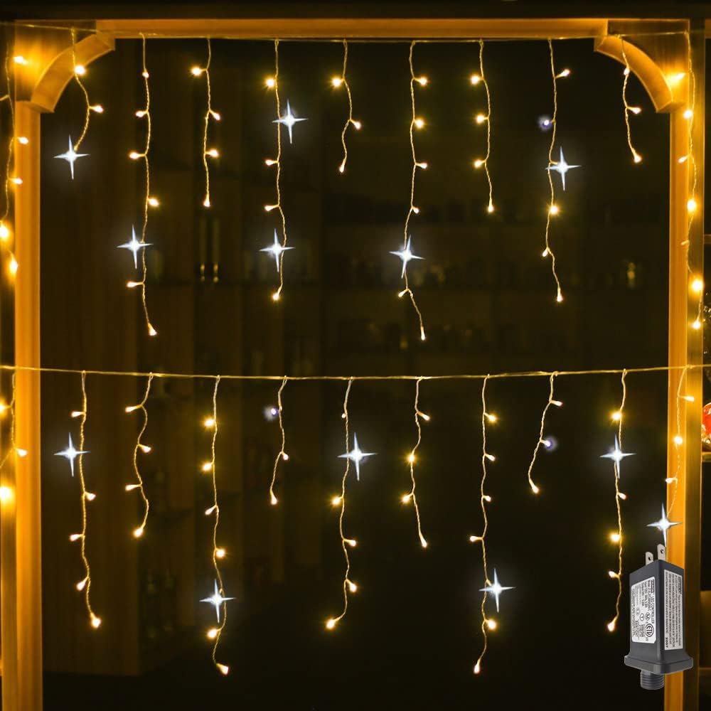 Magische kerst LED gordijnverlichting voor buiten, transparante draad, warm wit, 32m lang voor sfeervolle tuin.