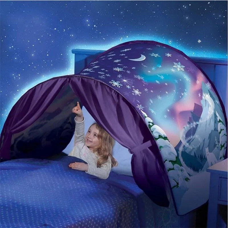"Magische kindertent voor bed, verander kamer in droomwereld, vrolijke kleuren en avontuurlijke ontwerpen, veilig en knus."