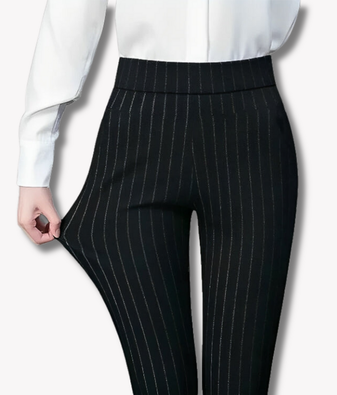 "Maila dames stretchbroek met gestreept patroon, elastische tailleband voor comfort en stijlvol dragen."