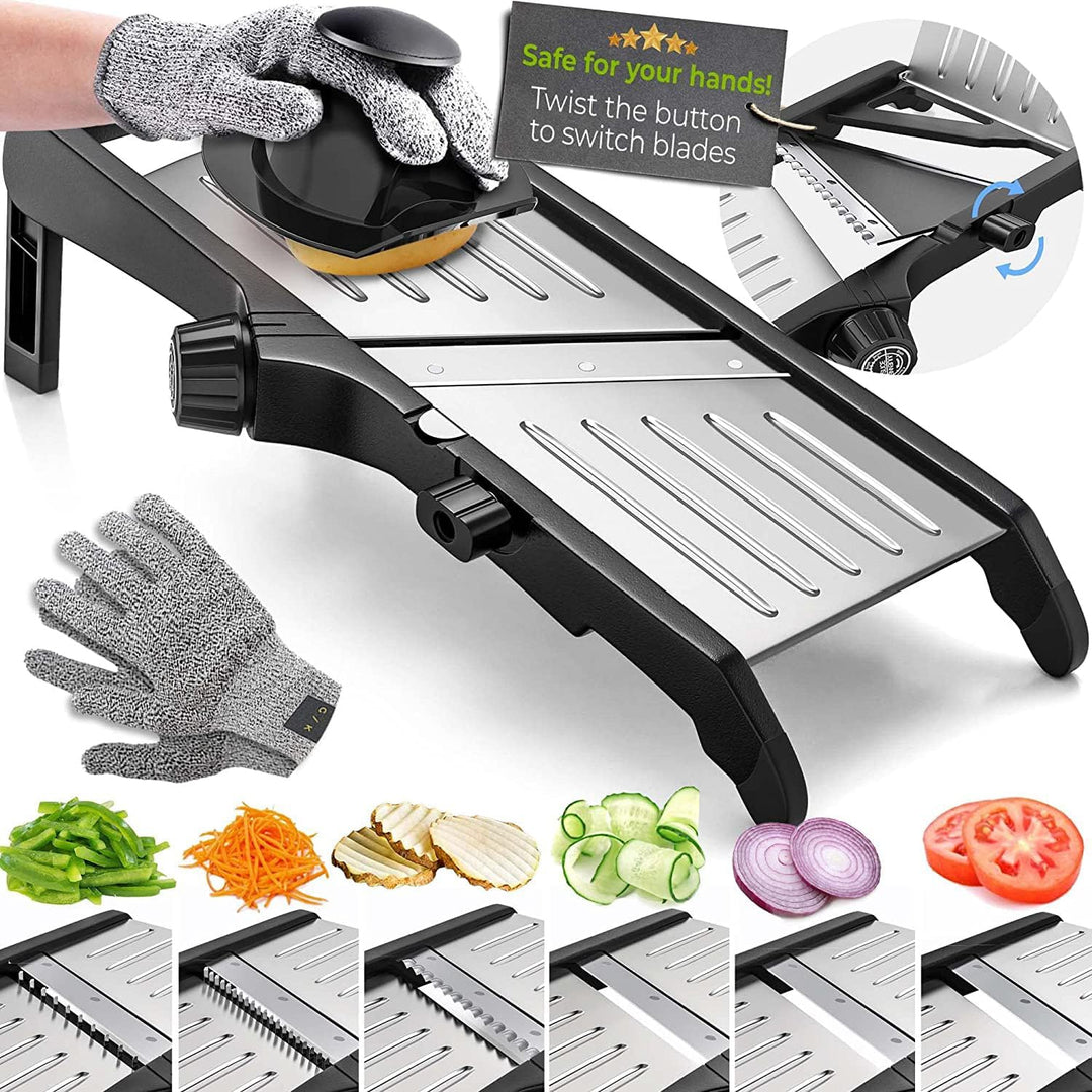 "Mandoline met snijbestendige handschoenen voor veilig snijden in de keuken, scherp roestvrijstalen mes, veelzijdig in gebrui