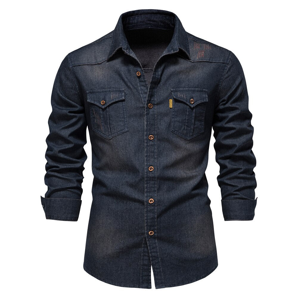 Heren overhemd van stretch denim, slim fit. Elegant en comfortabel, ideaal voor een stijlvolle outfit in alle seizoenen.
