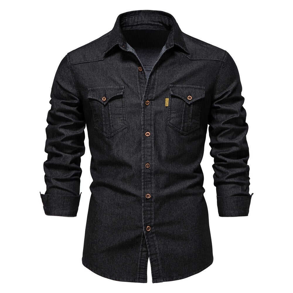 Heren slim fit denim overhemd met lange mouwen; stijlvol en modern. Comfortabel stretch materiaal voor elke dag.