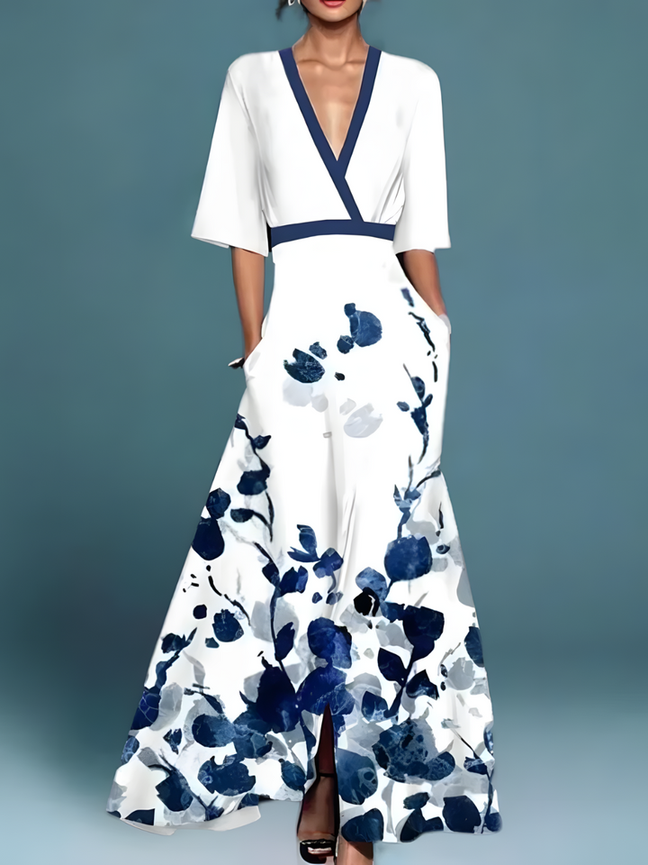 "Maxi jurk met bloemenprint, A-lijn, V-hals, perfecte look voor speciale gelegenheden, stijlvol en vrouwelijk ontwerp."