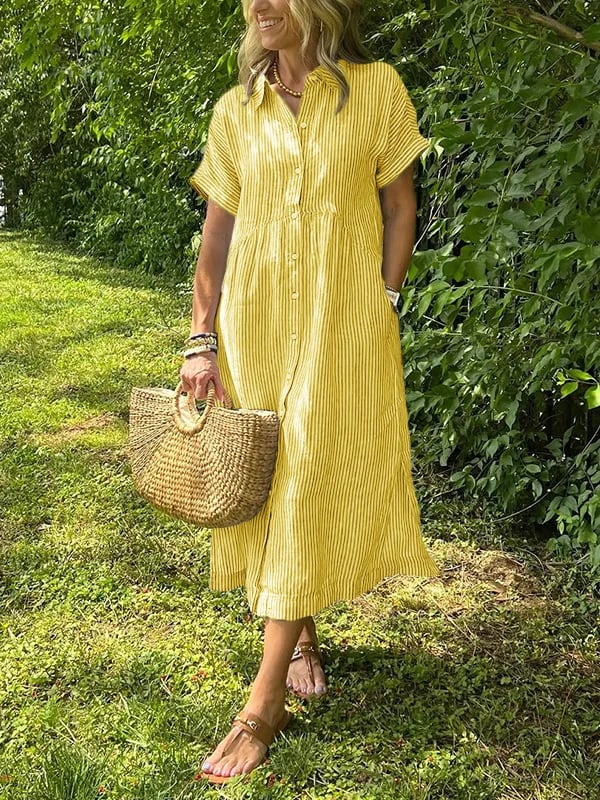 Stijlvolle gestreepte dames midi overhemdjurk, perfect als comfortabele zomerjurk.