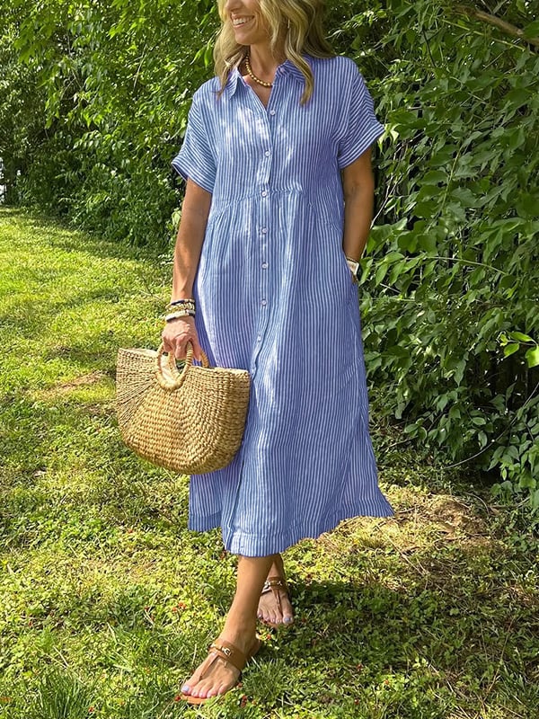 Gestreept overhemd midi jurk voor dames, perfect voor een casual zomerlook.