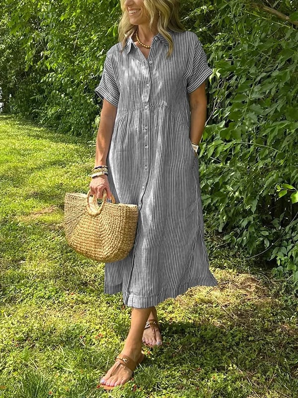 Relaxte pasvorm gestreepte dames midi overhemdjurk, ideaal voor casual zomerse dagen.