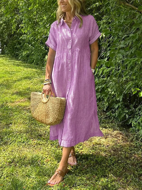 Trendy gestreepte dames midi jurk, met overhemdstijl voor een casual-chique look.