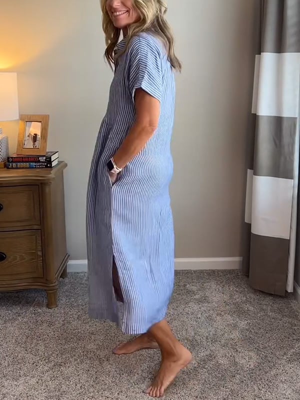 Casual-chique gestreepte midi jurk voor dames, met overhemd details en comfortabele pasvorm.
