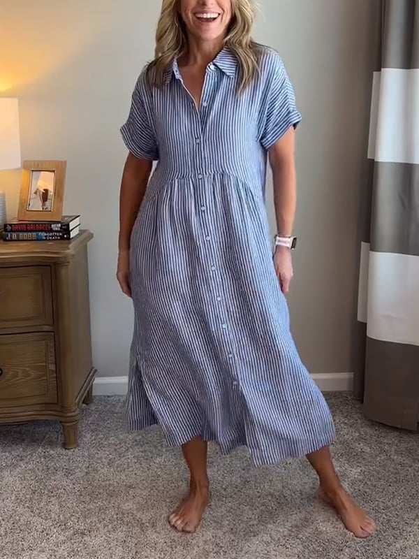 Midi lengte gestreepte dames overhemdjurk, elegant en comfortabel voor elke gelegenheid.