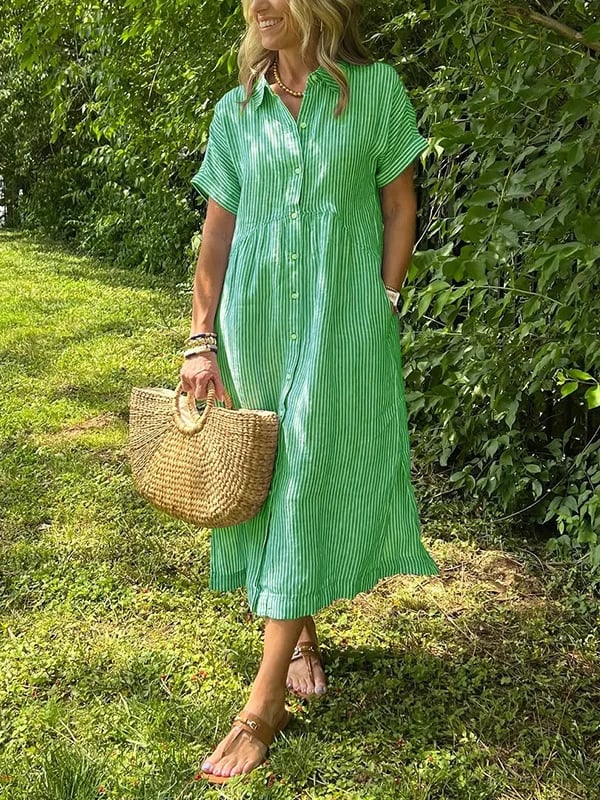 Gedetailleerde gestreepte overhemdjurk midi, een comfortabele dames zomerjurk.