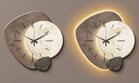 Minimalistische Scandinavische wandklok, rond en strak ontwerp met hout en metaal, in moderne kleuren, ideaal voor interieur.