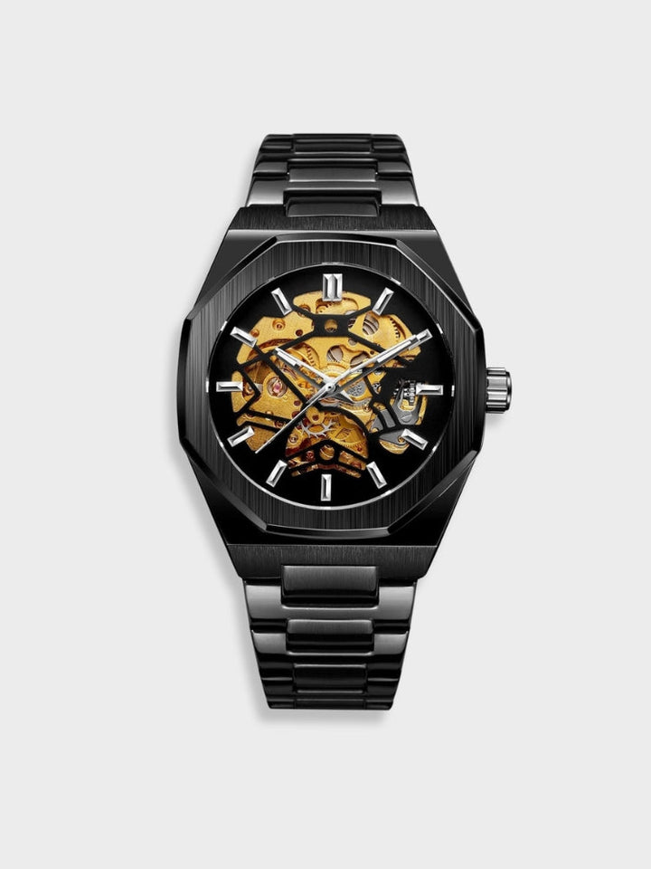 "Modern elegant herenhorloge met roestvrijstalen band, transparante wijzerplaat en open design. Tijdloos en stijlvol accessoi