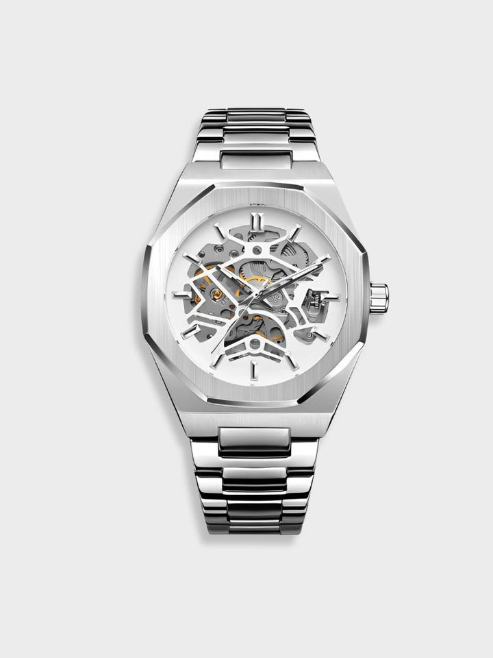"Modern elegant herenhorloge met roestvrijstalen band, transparante wijzerplaat en open design. Tijdloos en stijlvol accessoi