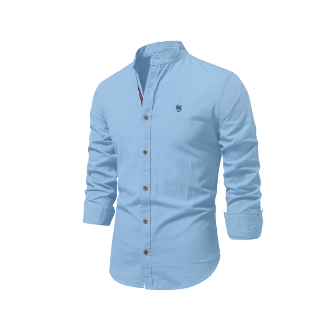 Chique herenshirt met opstaande kraag en lange mouw, ideaal voor een nette of trendy outfit.