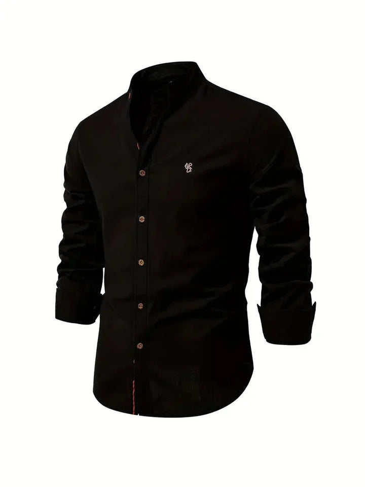 Herenshirt met lange mouwen en unieke opstaande kraag, voor een onderscheidende stijl.