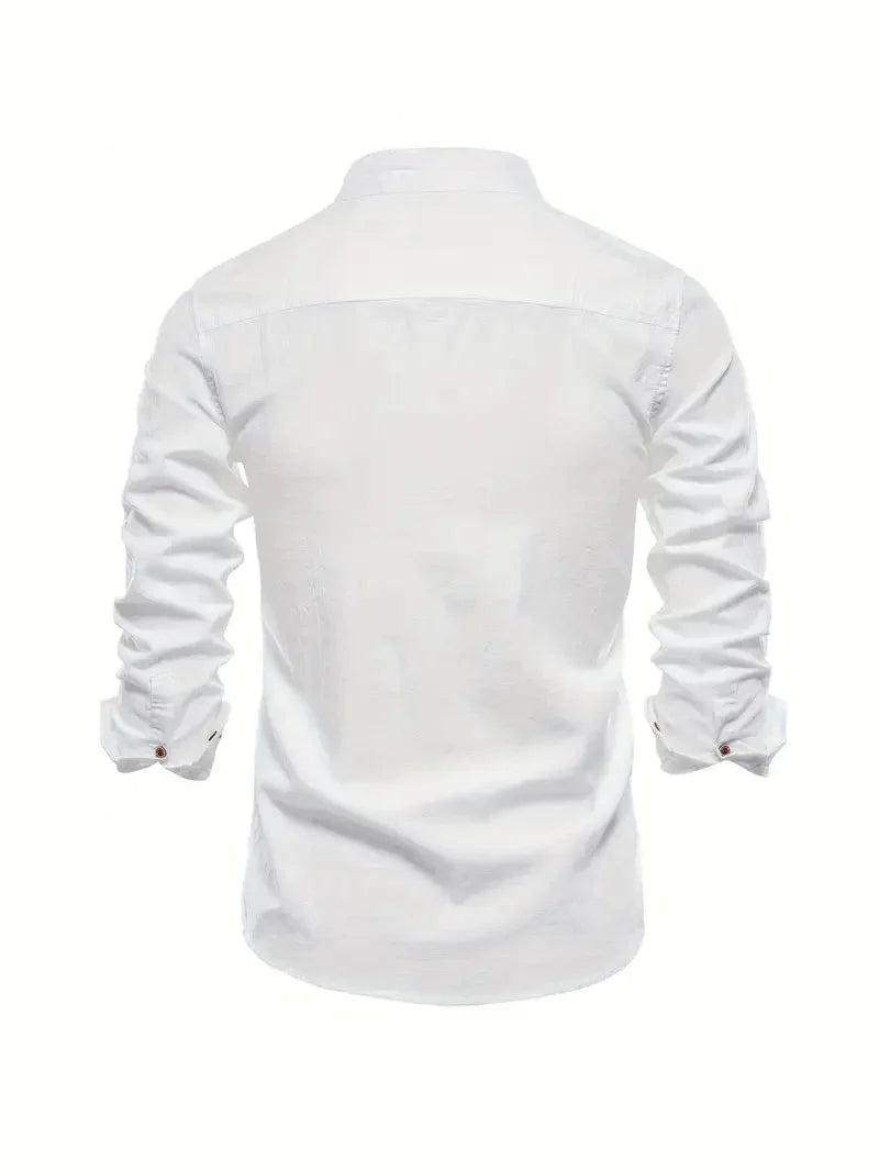 Zakelijk herenshirt lange mouw met opstaande kraag, perfect voor kantoor en formele events.