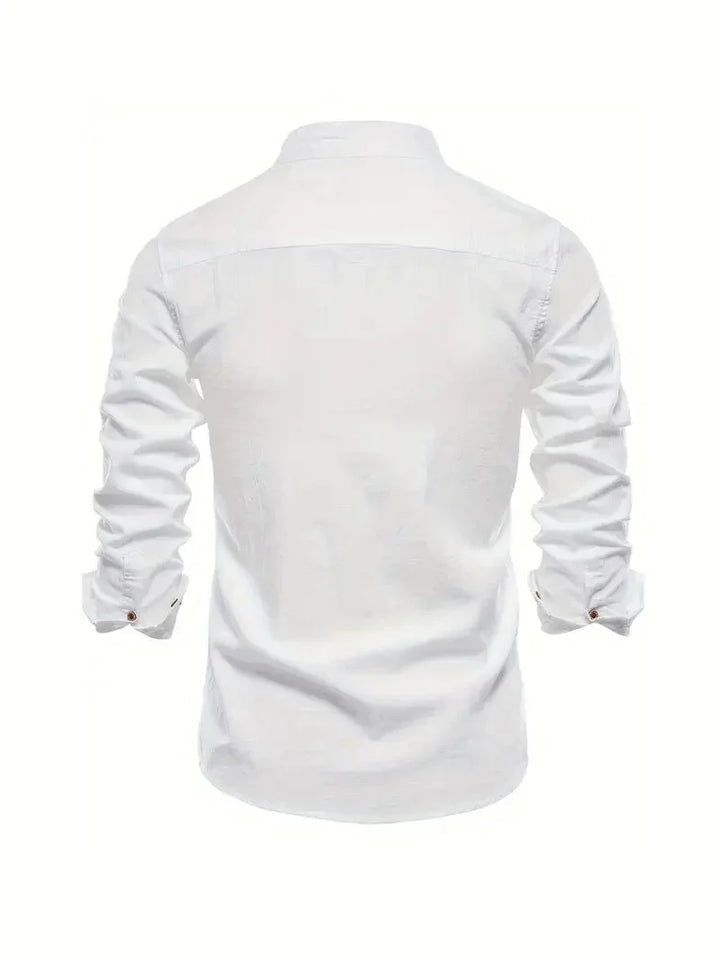 Zakelijk herenshirt lange mouw met opstaande kraag, perfect voor kantoor en formele events.