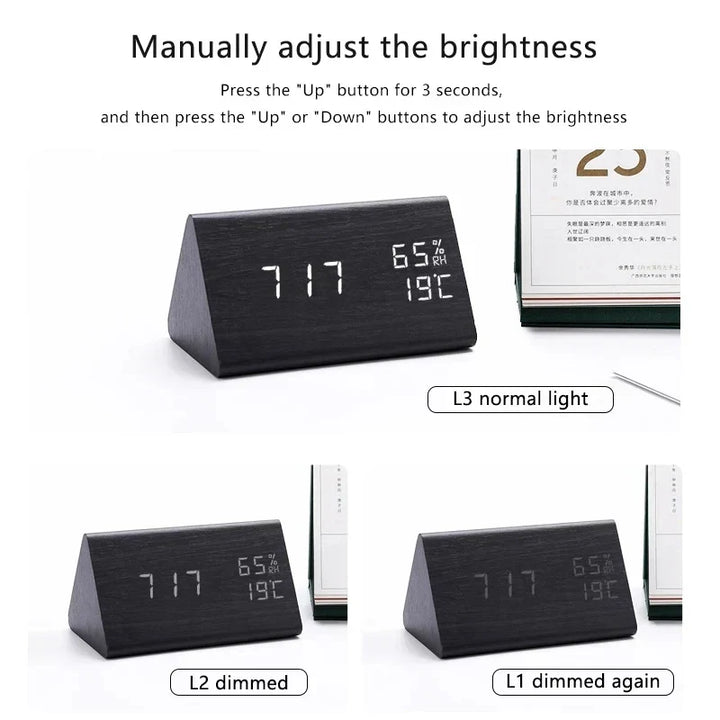 Multifunctionele digitale wekker, houtlook design, LED display en betrouwbaar alarm.