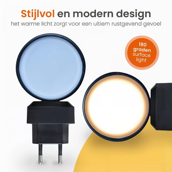 "Moderne dimbare nachtlamp met LED licht en dag-nachtsensor, zwart/wit ABS, elegant ontwerp voor slaapkamer en badkamer."