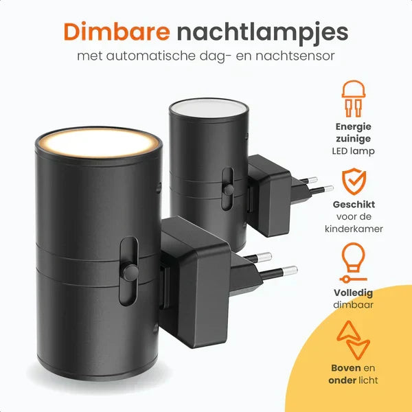 "Moderne dimbare nachtlamp met LED licht en dag-nachtsensor, zwart/wit ABS, elegant ontwerp voor slaapkamer en badkamer."