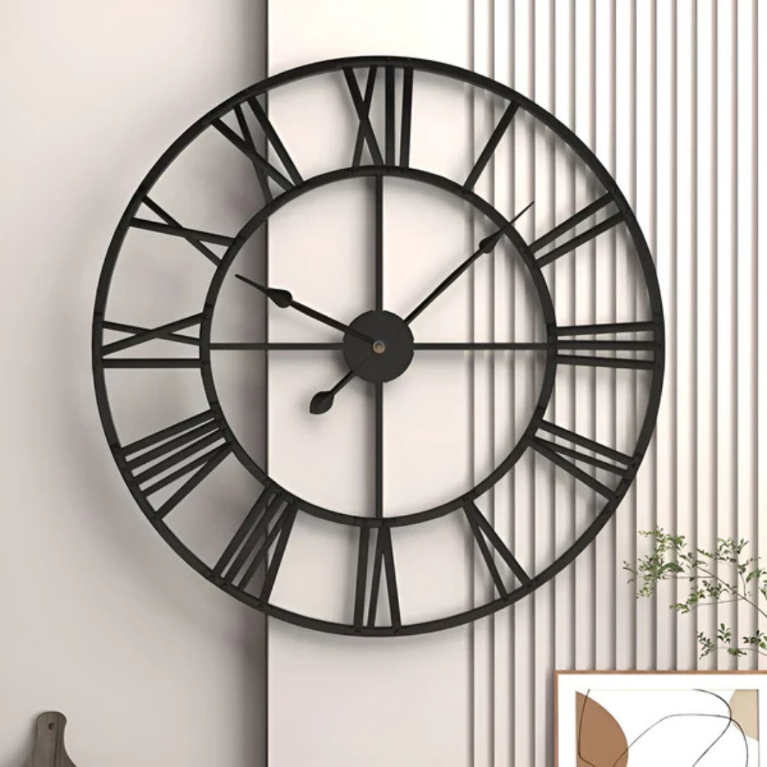 "Moderne grote wandklok met 3D-design, metalen afwerking en stijlvolle uitstraling, perfect voor woonkamer of kantoor."