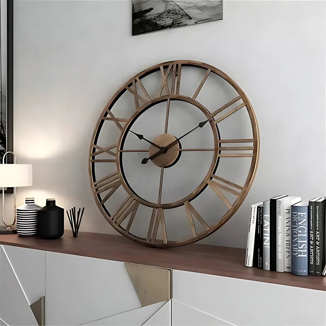 "Moderne grote wandklok met 3D-design, metalen afwerking en stijlvolle uitstraling, perfect voor woonkamer of kantoor."