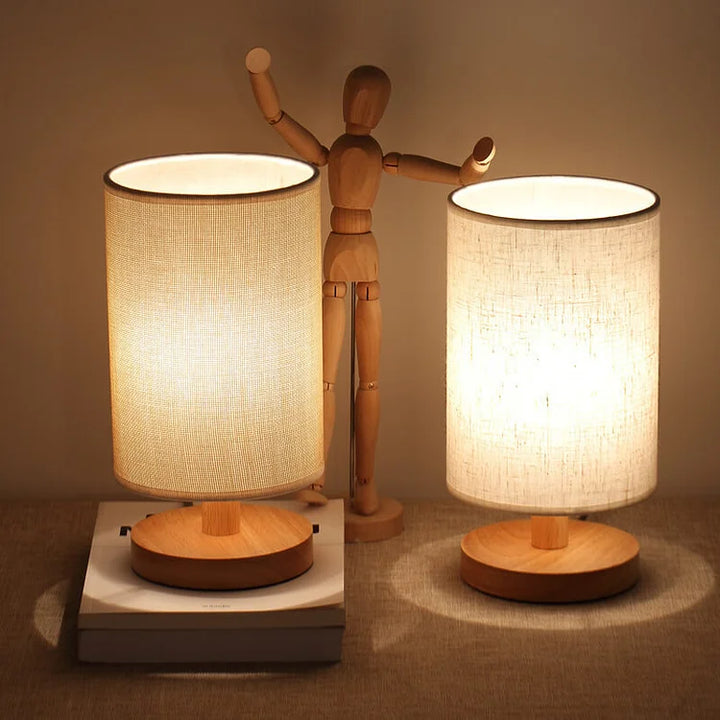 "Moderne houten nachtkastje lamp, tafellamp met dimbaar licht, afstandsbediening, natuurlijke houtlook, USB-aangedreven."